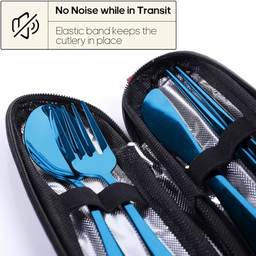 Image of Travel Utensils with Case, Quatish Portable Silverware Set for Work, Stainless Steel Reusable Travel Cutlery, Fork and Spoon Set for Camping, Picnic, Gadgets, Lunch Box for Men, Christmas Gift, Blue