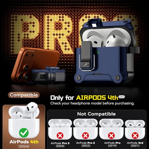 Image of Inesore for AirPods 4 Case with Secure Lock (Dark Blue) | Phone Stand Design,Compatible with MagSafe,Automatic Snap Switch Secure Cover with Cleaner Kit & Keychain