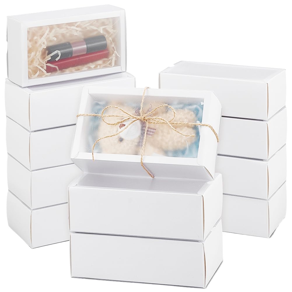 BENECREAT 20 Packs Cardstock Paper Gift Boxes, 15.6x8.6x5.1cm/6.1x3.4x2 Inch Drawer Box with Clear PVC Window for Cake Cookie Candy Soap Jewelry Weeding Party Favors, White