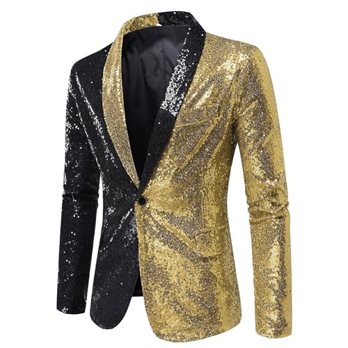 Men's Sequin Suit Jacket Color Block Cocktails Shiny Metallic Blazer Peak Lapel Sparkly Party Sports Coat