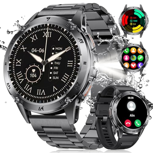 LIGE Montre Connectée Homme Militaire avec lumière LED,1,43" AMOLED Montre Sport,Smartwatch Noire avec 130+ Modes Sportifs/Étanchéité IP68/Fréquence Cardiaque/Compteur,Montre Homme pour iOS et Android