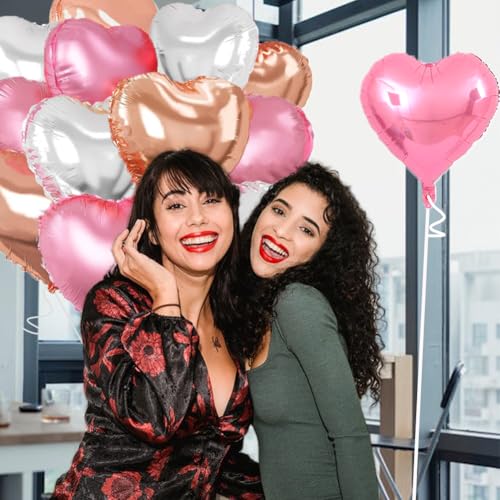 Image of Rose Gold & Silver Heart Balloons,18 Inch Light Pink Foil Love Heart Shaped Balloons for Birthday Party Bridal Engagement Wedding Anniversary Baby Shower Valentines Decorations 12Pcs