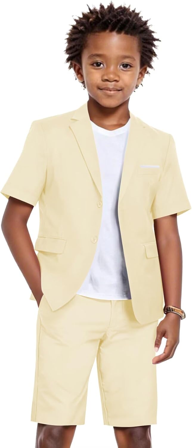 Shorts Suit for Boys 2 Piece Slim Fit Summer Suits Kids Tuxedos Clothes with Short Sleeves for Beach Wedding