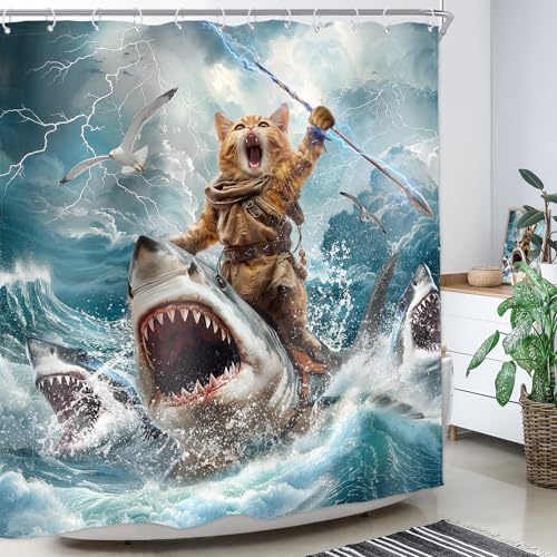 Image of Funny Cat Riding Shark Shower Curtain Ocean Waves 60Wx72H Inch Decor | Hilarious Surfing Cool Beach Blue Sky White Clouds Boys Men Waterproof Polyester Fabric Bathroom Bathtub with 12 Hooks