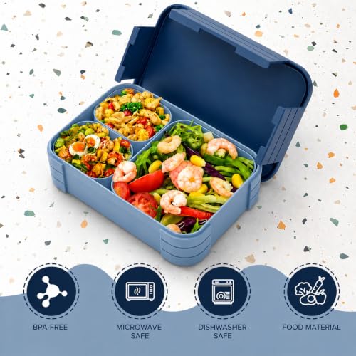 Image of daiDokoro 3 Compartment Bento Lunch Box with Removable Containers | Compact Leak-Proof, Microwave & Dishwasher Safe Tiffin for Office Use, School & Travel (Dark Blue, 1040 ML)