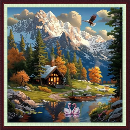 Image of Dooxvey Cross Stitch Kits for Adults Beginners,Full Range of Cross-Stitch Stamped Kits Needlepoint Kits for Beginners Embroidery Kits 11CT Cross Stitch Patterns-Snow Mountain Scenery 18x18 inch