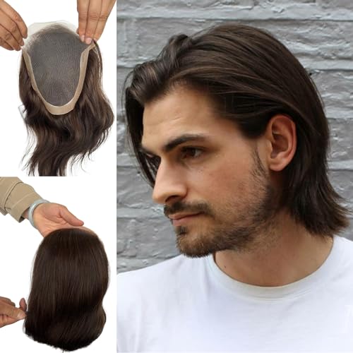 Voloria 9inch Long Hair French Lace Front with PU Men's Toupee Man Hairpieces Human Hair Replacement System for Men 8x6inch #3 Brown Color