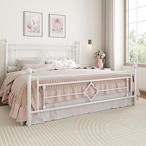 Image of SHA CERLIN 14 Inches King Size Metal Platform Bed Frame /Vintage Iron-Art Headboard and Footboard /Mattress Foundation for Storage /No Box Spring Needed /Noise-Free /Easy Assembly /White