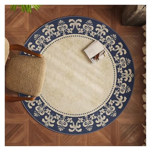 のレトロな円形カーペット、リビングルームの円形ベルベット滑り止めマット、ファミリーソファ、コーヒーテーブル、勉強用ブランケット(Blue White Porcelain Plate-Blue,80*80)