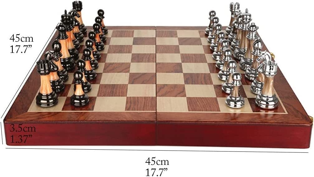 Scacchi Set di Scacchi in Metallo in Legno con Scacchiera Pieghevole in Legno Massello E Pezzi degli Scacchi in Finta Giada Partita Chess
