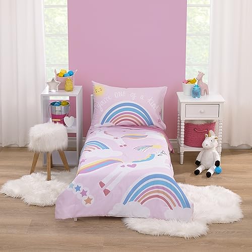 Image of Everything Kids Unicorn Pink, Blue, Yellow, and White Rainbows You're One of a Kind 4 Piece Toddler Bed Set - Comforter, Fitted Bottom Sheet, Flat Top Sheet, and Reversible Pillowcase