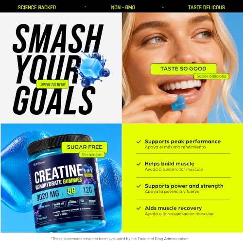 Image of Thinbi Creatine Gummies for Women & Men, Monohydrate, Blueberry, 120 Count | 5-in-1 formula, 5 g creatine per serving, Sugar free, Chewable gummies, Third-party tested