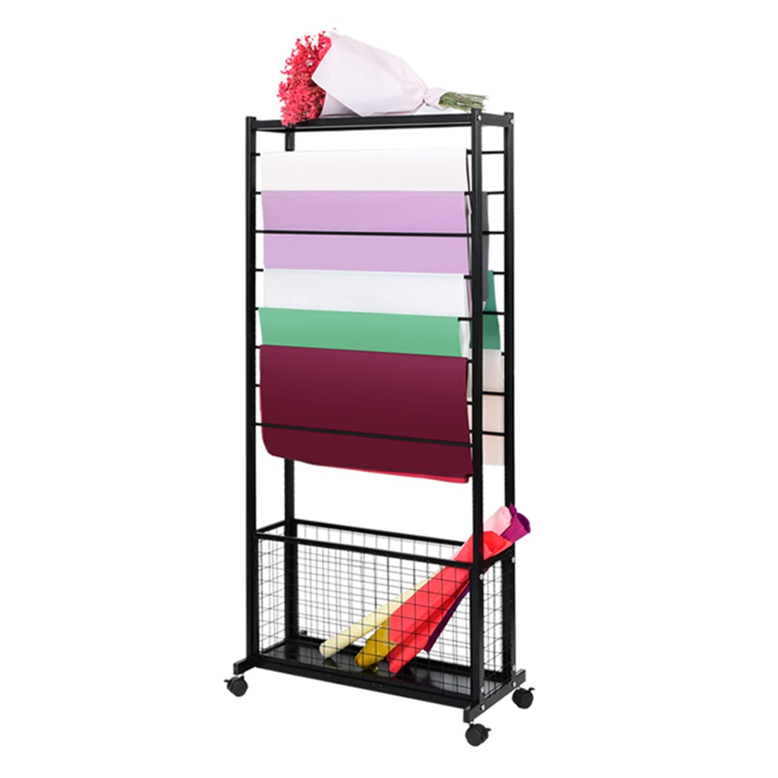LSMKKARibbon Storage Organiser, Large Wrapping Paper Rack Cart/Vinyl Roll Keeper Dispenser for Craft Room Show Ribbons, Double Sided Floor Stand with Wheels (Color : Black)