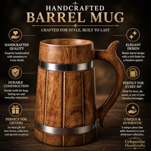 Image of Handmade Wooden Beer Mug, Wood with Sheesham Finish, Barrel Style, Lightweight & Durable, for Craft Beer, Home Bar, Cafe, Party, Gift(350ml) (Steel Band)