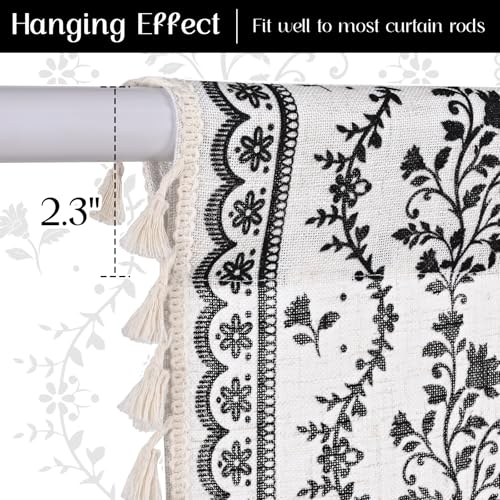 Image of Yinhua Boho Kitchen Curtains 36 Inch Length Vintage Linen Cafe Curtains Light Filtering Bohemian Floral Tier Rod Pocket Farmhouse Rustic Tassel Small Drapes with Tiebacks, 2 Panels, White Black