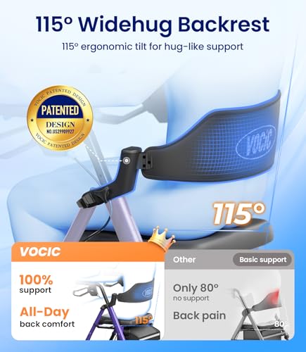 Image of VOCIC Z21 Rollator Walker for Seniors with Seat, 8 inch All Terrain, 350 LBS | Lightweight Foldable & Dual Height Adjustable for Seniors, Ergonomic Arc Seat&6 inch Ultra Backrest Provide Comfort, Purple