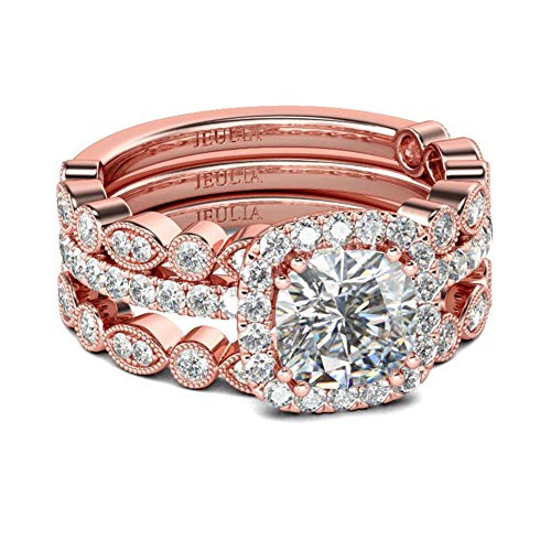 Jeulia 2.65 Carat 3PC Bridal Set Rose Gold Halo Engagement Rings for Women Sterling Silver Cushion Cut CZ Wedding Ring Set Promise Anniversary with Jewelry Gift Box