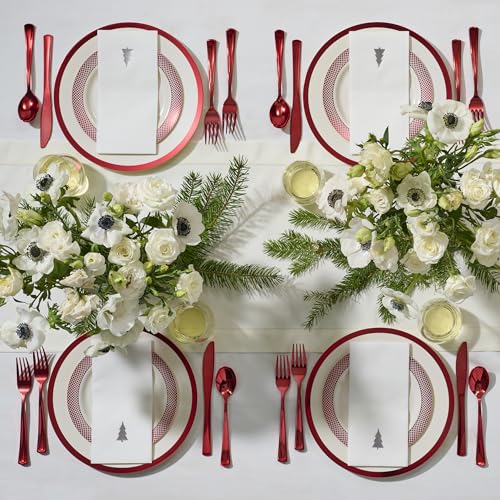 By Madee HEAVYWEIGHT 175 Pc Christmas Plates and Napkins | Ivory with Red Trim Plastic Christmas Disposable Dinnerware Set with Silverware & Linen-Like Premium Napkins for the Holidays (25 Guests) – Image 2