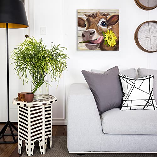 Cow Pictures Wall Decor Country Farmhouse Canvas Wall Art Rustic Sunflower Bathroom Decor Framed Artwork Paintings For Wall Decorations For Bedroom Office Kitchen Living Room,Ready To Hang 13.4" X 13.4" #TOP4