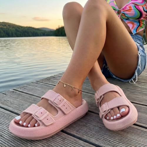 Image of CUSHIONAIRE Fame Pillow Recovery Sandals for Women, Adjustable Double Buckle Waterproof EVA Cloud Slides for Women