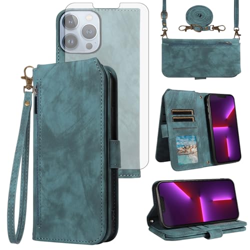 Coque de téléphone pour iPhone 13 Pro 5G étui portefeuille verre trempé sangle bandoulière