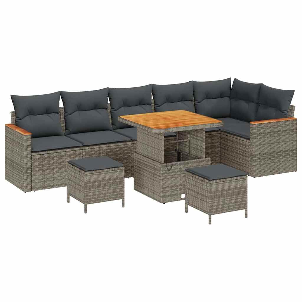 Juego de muebles de jardín gris de 9 piezas, sofá de jardín de polirratán con cojines, asiento modular para terraza, balcón, incluye respaldo y reposabrazos de polirratán, fundas acolchadas