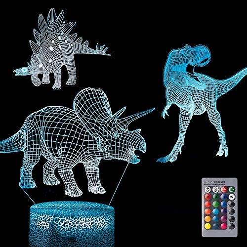 Bebamour 3D Lampe Illusion Enfants Veilleuse pour la Décoration de La Chambre 7 Changement de Couleur avec Télécommande Tactile Switch Jouet Cadeaux pour Garçons Filles (Dinosaure)