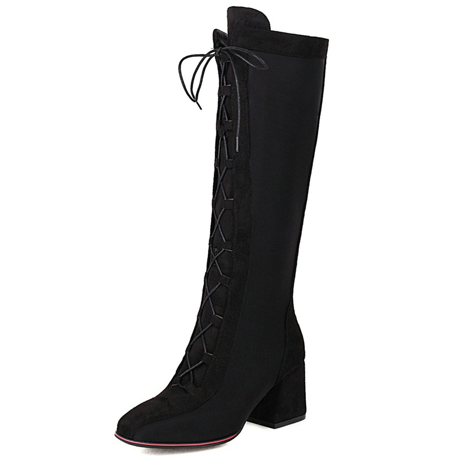 UniqueStride Womens Suede Knee High Boots Square Toe Lace up Chunky Heel Thigh High Winter Boots