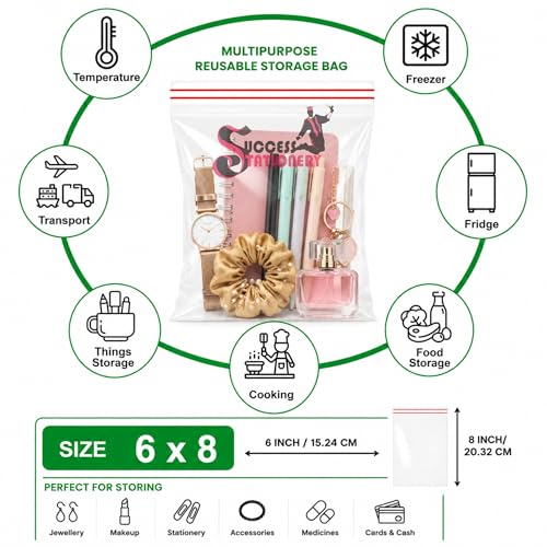 Image of Success Stationery Zip Lock Bags 6 inchx8 inch 100 Pcs - Reusable Transparent Ziplock Pouch for Clothes, Fridge Food Storage, Snacks & Travel Packing - Thick Resealable Zipper Cover
