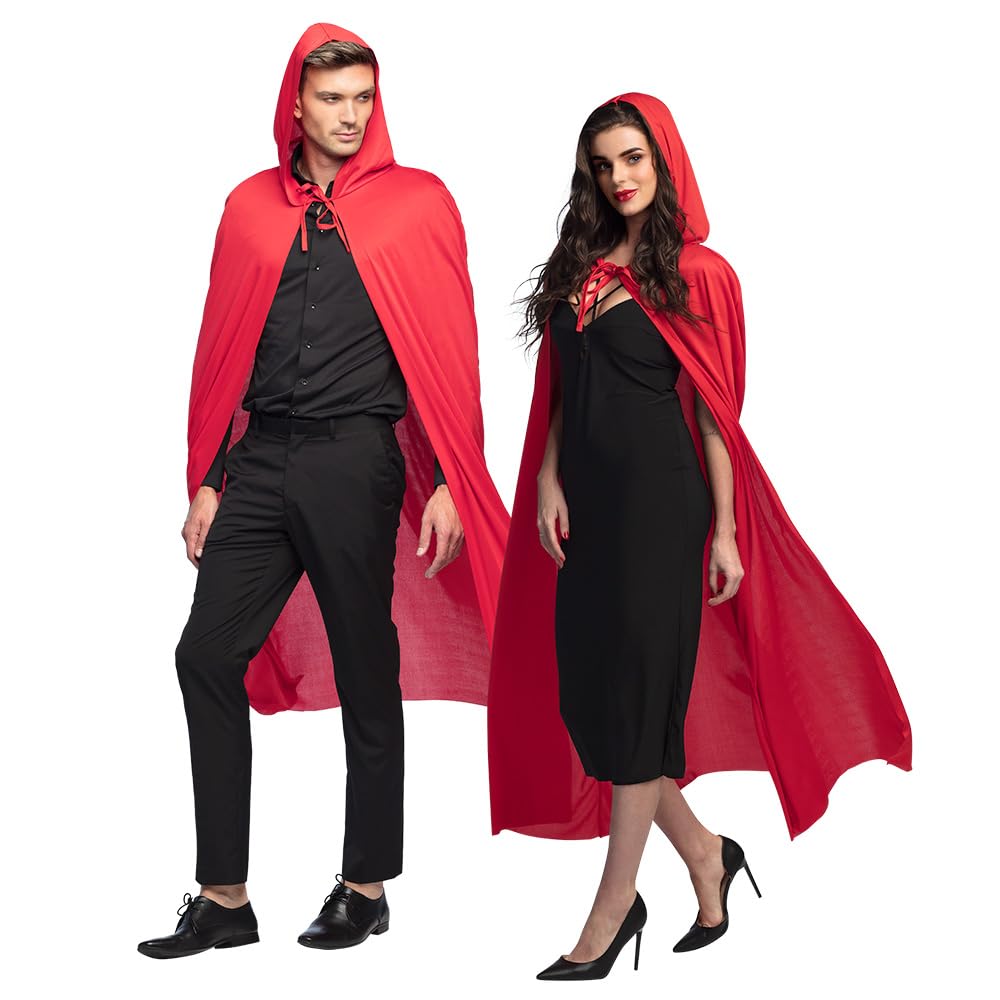 Bella Dox Adult Unisex Hooded Cloak Cape (180 cm) for Halloween Christmas Costume Grim Reaper Vampire Party Robe with Hood Devil Witch Wizard Cosplay Fancy Dress (Red)