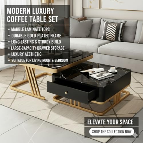 Image of 20 inchx20 inch Handmade Drawer Square Coffee Table /Nesting Table /Side Table /Center Table with Marble Finish Top for Living Room /Drawing Room