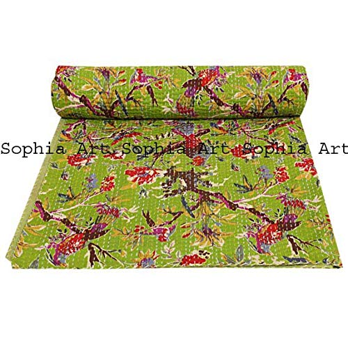 Sophia Art Indian Bohemain Bedding Kantha Vintage Ethnic Cotton Bird Kantha Quilt Coverlet Bedspread Patchwork Stitch Blanket Queen Size Kantha Quilt (Green)