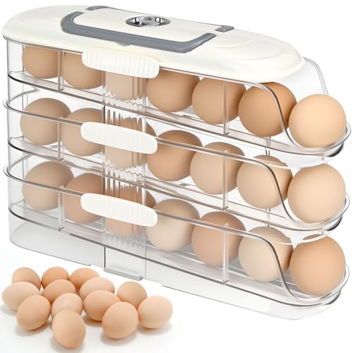 Image of VROROPX Egg Dispenser for Refrigerator, 3-Layer Clear Plastic Egg Holder Adopt Transparent PET Material & Hidden Handle Design – Egg Organizer for Refrigerator with Cover Lock Buckle