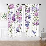 Famiffty Purple Butterfly Window Curtains 42W X 63L Inches 2 Panels Rod Pocket Spring Floral Lavender Curtains Lilac Summer Leaves Plant Girly Window Drapes Treatment Living Room Bedroom Home Decor