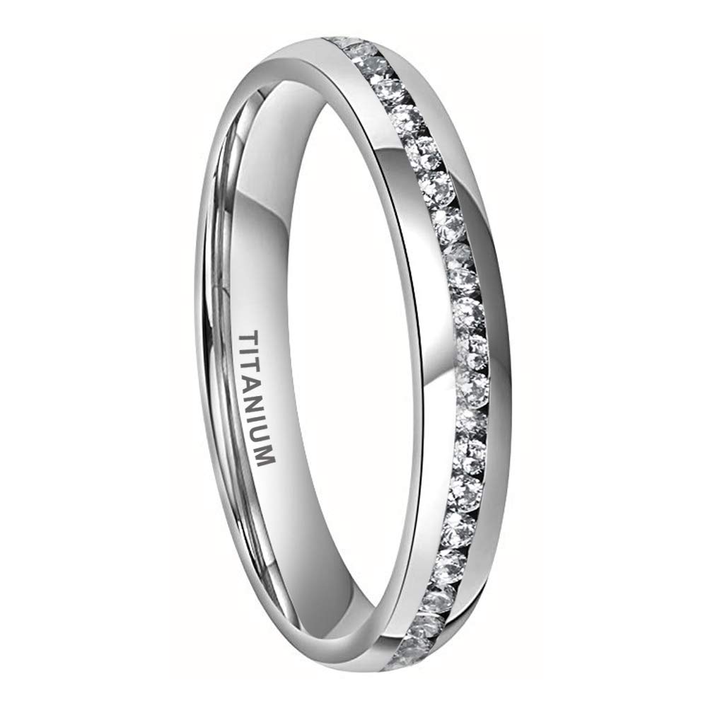 4mm Titanium Rings for Women Men Eternity Wedding Engagement Bands White Blue Cubic Zirconia Stone Inlay Domed Polished Shiny Comfort Fit