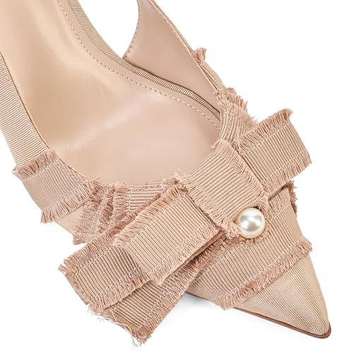 Image of Women's Slingback Heels with Bow Pointed Toe Pumps with Elasticated Strap 3.3 inch High Heels for Evening Dress Shoes