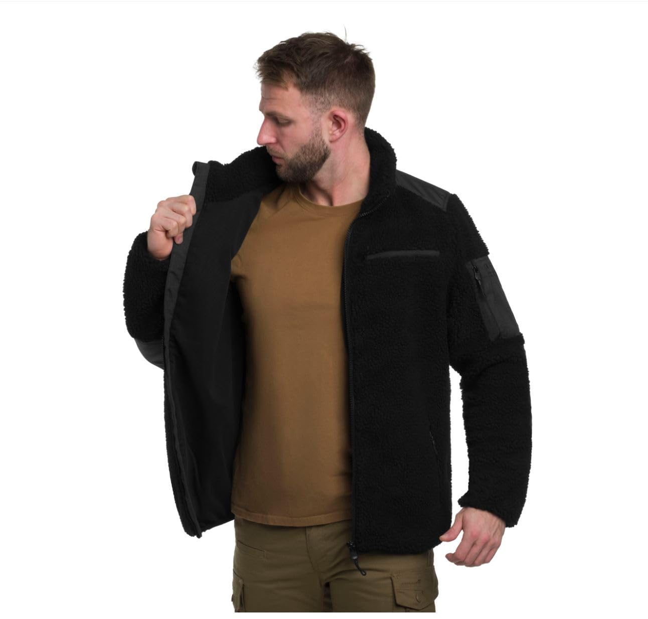 Military Wear Tactical Teddyfleece | Herren Outdoor Fleecejacke mit 5 Taschen, Survival Bushcraft Ausrüstung, Taktische Fleece mit Klettverschluss