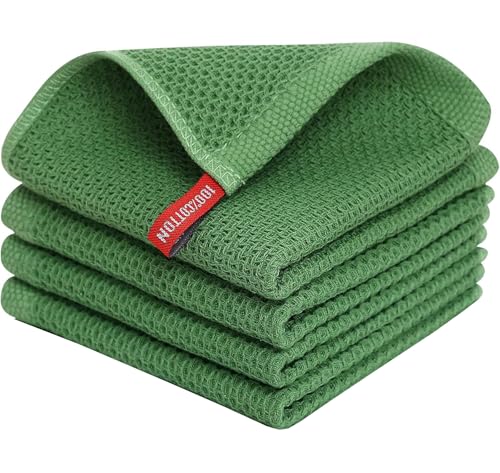 Image of Kitchen Cotton Lint Free Waffle Weave Hand Towels, Quick Drying Dish Cloths, Highly Absorbent Dish Rags Tea Towels Set with Hanging Loop, 13.4 inchx 13.4 inch, Grass Green, Pack of 4