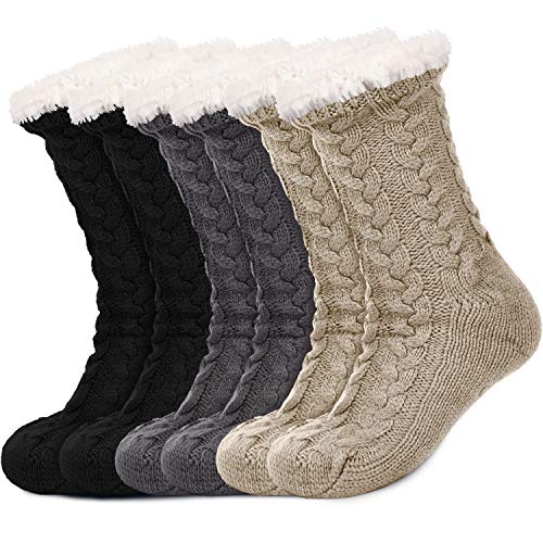 3 Pairs Women's Warm Slipper Socks Christmas Fuzzy Socks Fleece-lined Non Slip Slipper Socks (Black, Grey and Coffee)