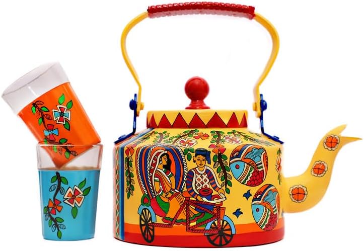 TopsyTurvy Hervidor pintado a mano con 2 vasos de té de vidrio Chai de corte