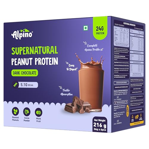 Image of Alpino Supernatural Peanut Protein Powder Dark Chocolate 216g (6 Day Trial Pack) - 100% Plant-Based, High-Performance Protein - 24g Protein, 5.1g BCAAs, No Added Sugar