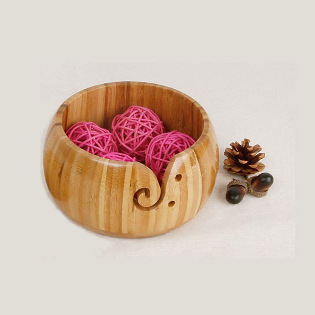 Handmade Wood Yarn Storage Bowl Knitting Crochet Accessories - Crafted Wooden Weaving Thread Bowl with Carved Holes and Drills Holes #3 - Image 4