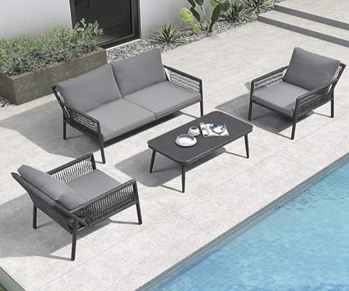 Image of 4 Seater Indoor Outdoor Rope Woven Patio Conversation Set Powder-Coated Iron Frame Handwoven Weaving Rope Modern Sofa for Balcony,Backyard,Living Room,Waterproof Furniture(Grey)