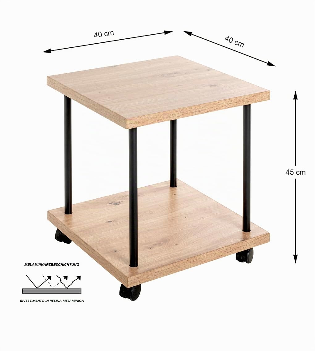 HAKU Tavolino su rotelle rovere chiaro nero piano in MDF struttura in metallo carrello di servizio con rotelle - Dimensioni: L 40 x A 45 x P 40 cm Stile: Moderno