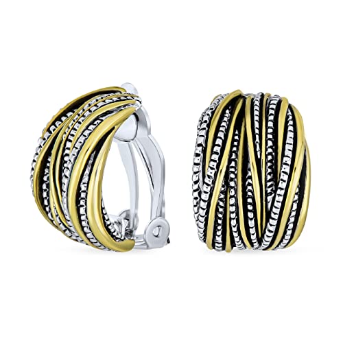 Half Hoop Shrimp Style Two Tone Caviar Bead Braided Crossover Wire Dome Clip On Earrings For Women Non Pierced Ears Oxidized Silver Gold Plated Brass