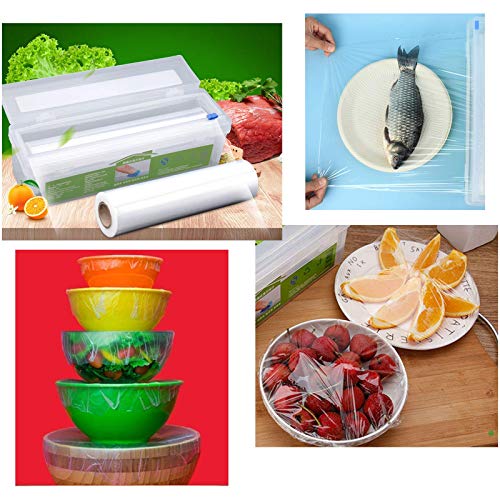 Plastic Cling Wrap Refillable Plastic Wrap Dispenser with Slider Cutter Food Wrap Stretch Clear Cling Wrap 12 inch×650 Ft (Cutting Box + Cling Film)