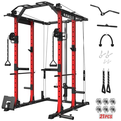 Image of Mikolo Power Cage, Power Rack with Cable Crossover System, 1500LBS Squat Rack with LAT Pull Down System, Workout Cage with Pulley System for Fitness Home Gym