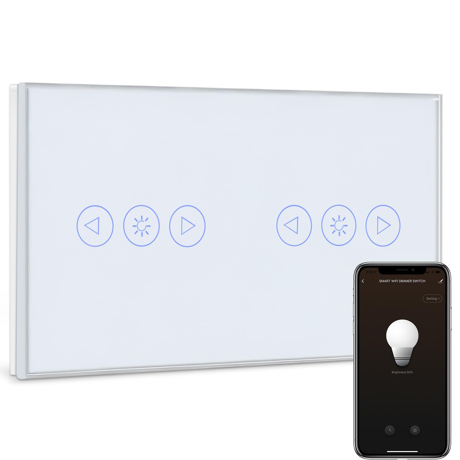 BSEED Interruttore Dimmer WIFI Alexa Doppio 1 Gang 1 Via Interruttore Dimmer Tattile WIFI Compatibile con Google Home o Alexa, Interruttore Smart Bianco(Richiesto la Linea Neutra)