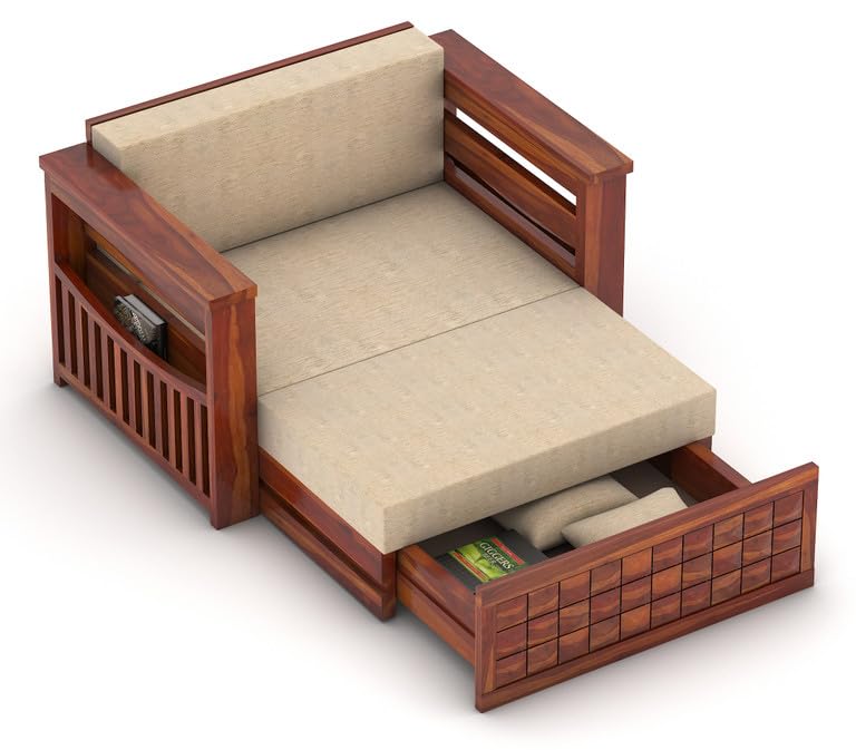 Image of Solid Sheesham Wood Sofa Cum Bed 2 Seater | Wooden Foldable Double Bed for Living Room with Headboard & Storage | Bed Cum Sofa with Mattress for Home | Diamond Design (Honey Finish)