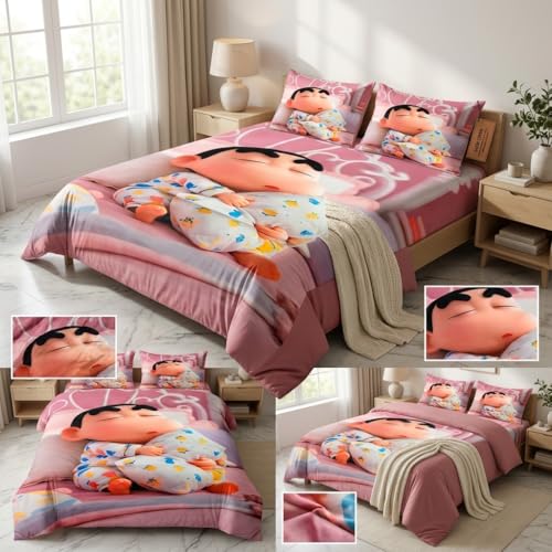 Image of Shinchan 7D Printed Bedsheet for Double Bed | Glace Cotton 7D Digital Print | 90x100 Inch (228x254 cm) | 1 Bedsheet + 2 Pillow Covers | Soft, Breathable & Vibrant Colour Bedding Set